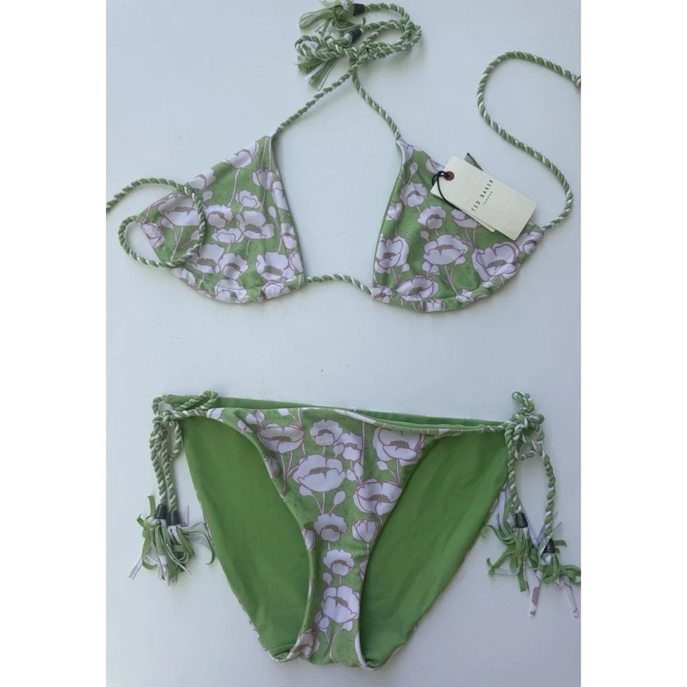 Ted Baker Reversible Bikini Set 0 XS Green Floral Braided Tassel Swimsuit NWT